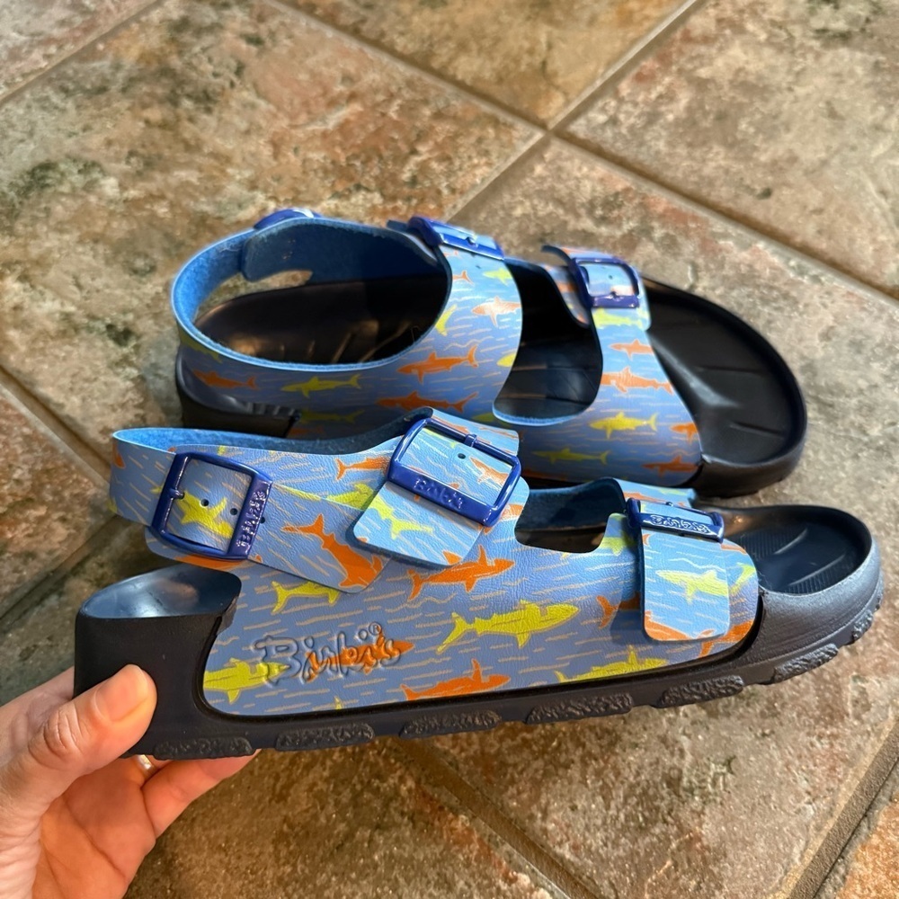 Birkis Blue Sandals with Orange and Yellow Accents size 40 - Picture 5 of 8